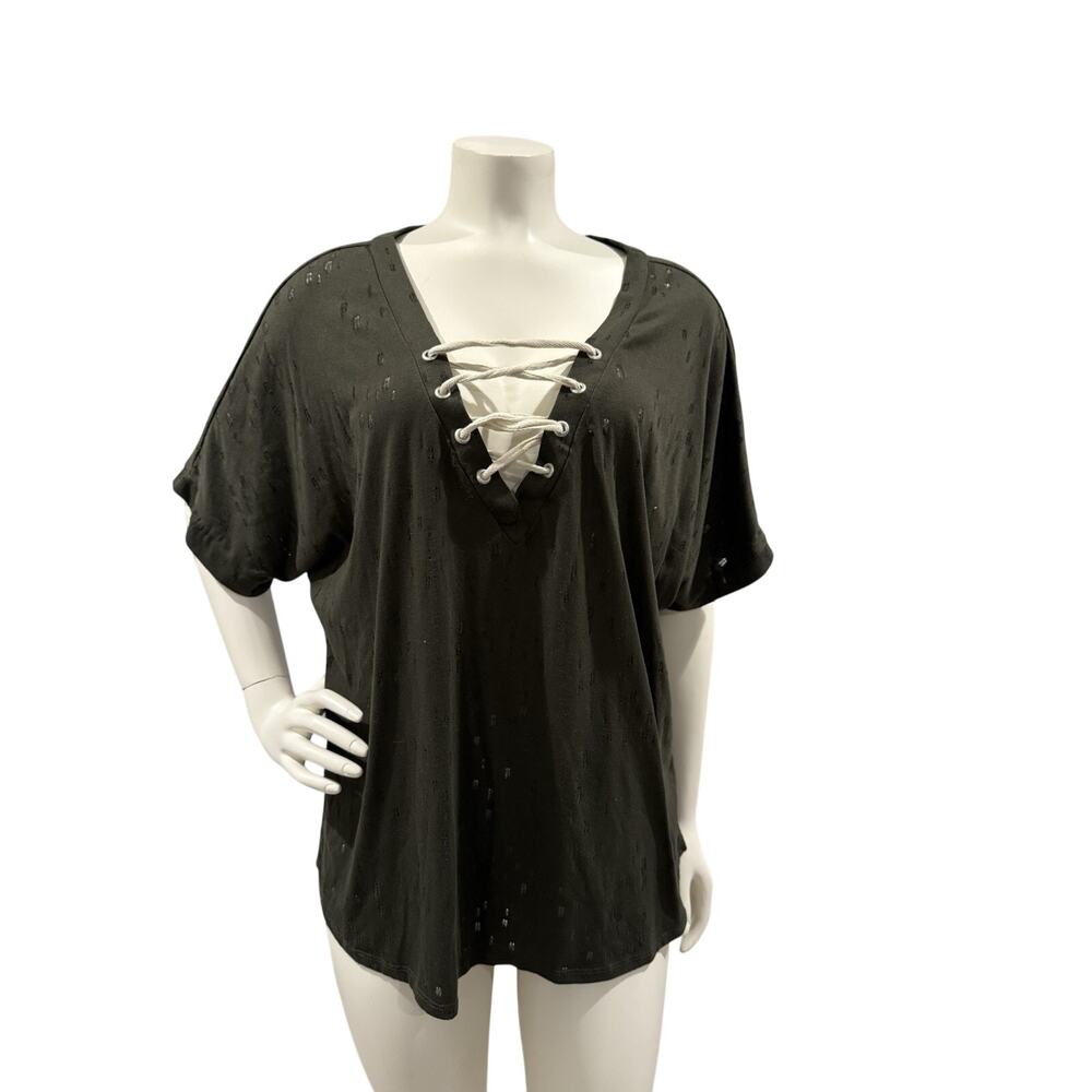BKE Lace Up Top Size L Distressed Crisscross Neckline Minimalist BOHO Tee